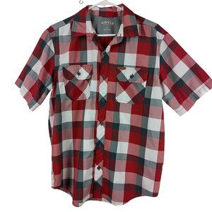 Orvis Mens Plaid Short Sleeve Woven Tech Shirt Button-Up Size M Red/Gray Outdoor